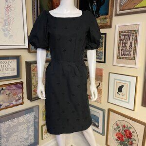 80s Vintage Black Puff Sleeve Dress With Floral Eyelet Embroidery & Square Neck